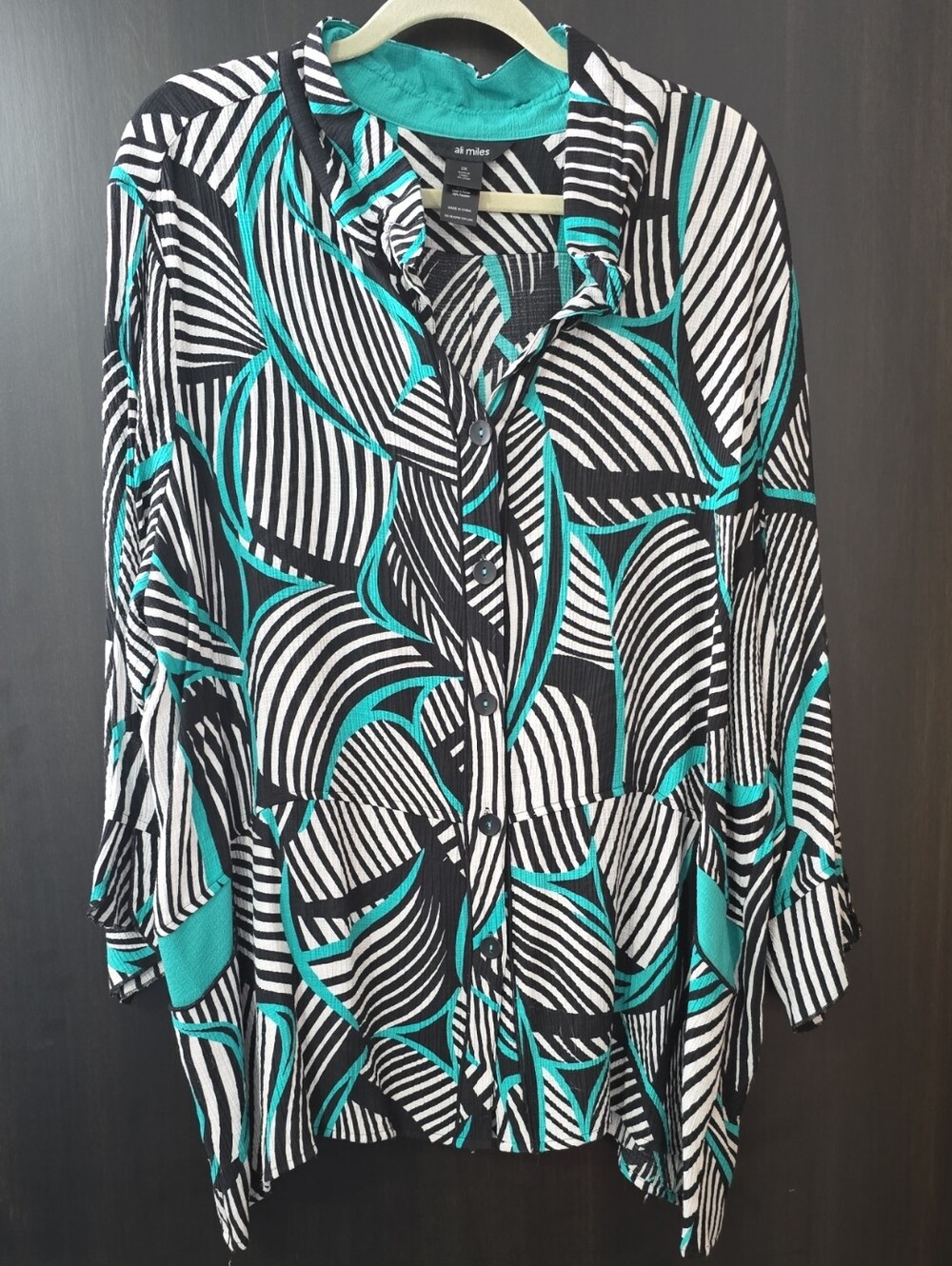 Ali Miles 2X Teal Black White Geometric Button-Front Tunic With Pockets!